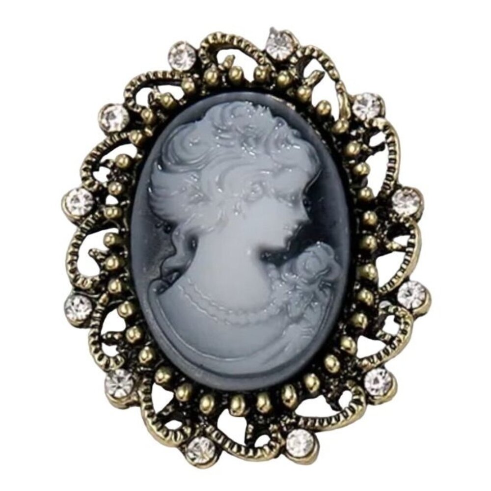 Black & Gray Cameo Brooch Gold Tone with Clear Stones